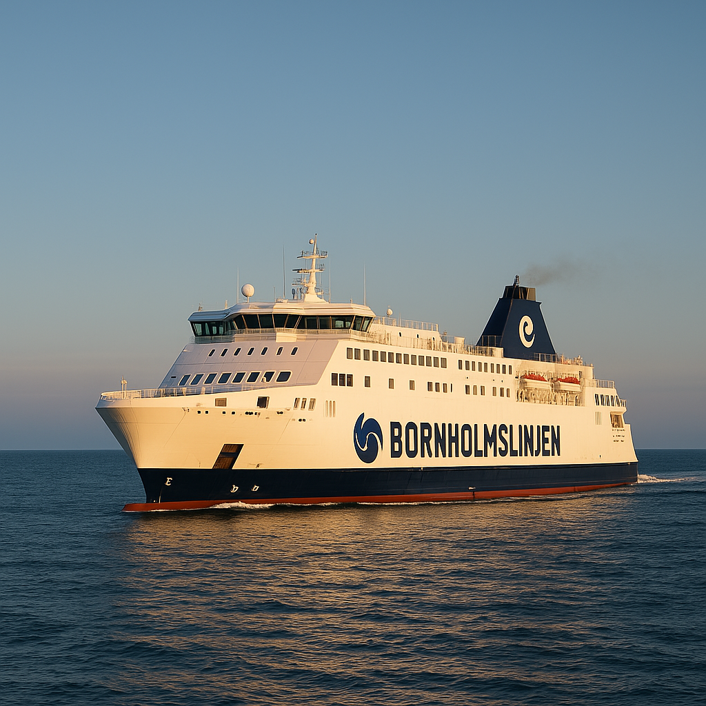 Bornholmslinjen-Nachtfähre auf der Route Køge–Rønne bei ruhiger See unter klarem Himmel auf der Ostsee.