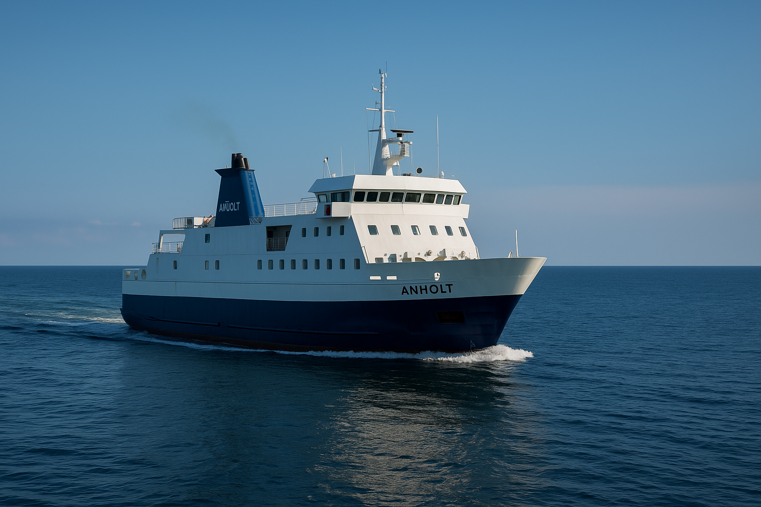 Fähre Anholt auf ruhiger Fahrt über das Kattegat zwischen Grenaa und der Insel Anholt bei klarem Himmel und ruhiger See.