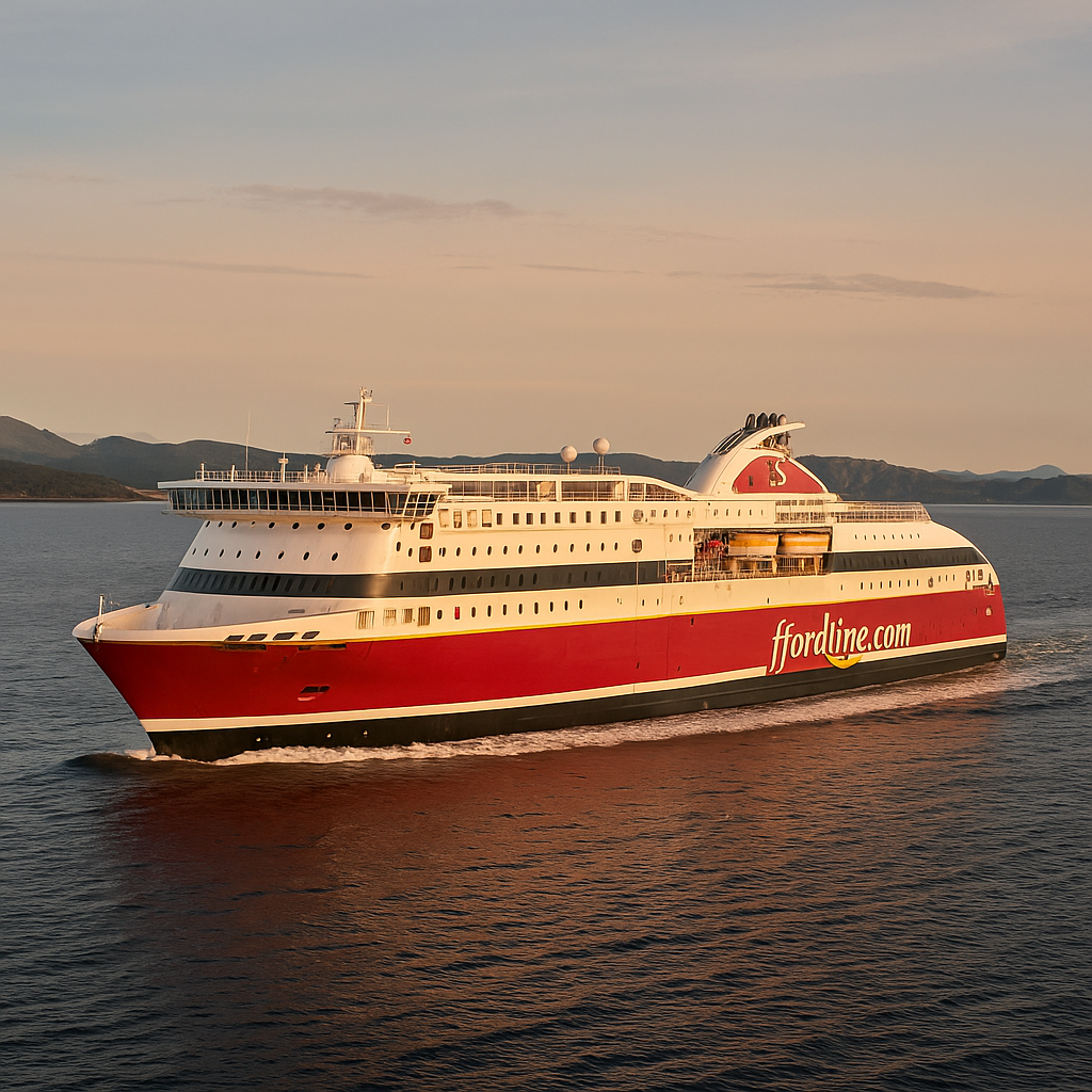 Große Fjord Line Fähre bei der Überfahrt von Hirtshals nach Bergen, unterwegs entlang der norwegischen Westküste bei ruhiger See.