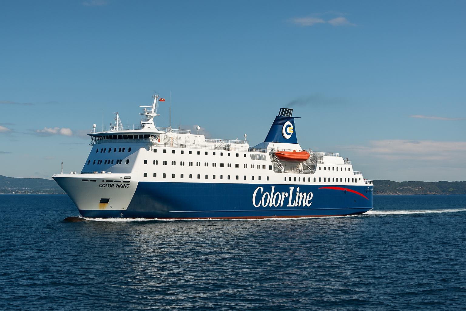 Color Line Fähre auf der Route Hirtshals–Larvik bei ruhiger See auf dem Skagerrak, mit Blick auf norwegische Küste bei Sonnenlicht.