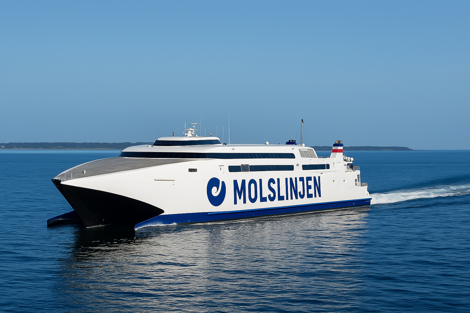Moderne Schnellfähre auf der Route Aarhus–Odden bei ruhiger Überfahrt über das Kattegat mit Blick auf die dänische Küste.