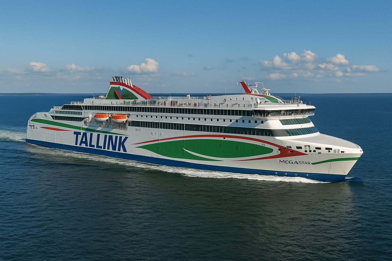 Tallink Megastar Fähre auf der Überfahrt von Tallinn nach Helsinki über den Finnischen Meerbusen bei klarem Himmel