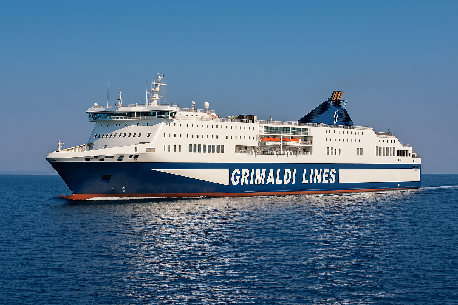 Grimaldi Lines Fähre auf der Route Brindisi–Korfu bei ruhiger See auf dem Ionischen Meer
