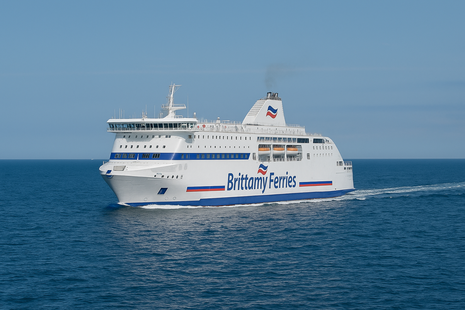 Brittany Ferries Schiff auf der Route Cherbourg–Poole bei sonnigem Wetter im Ärmelkanal