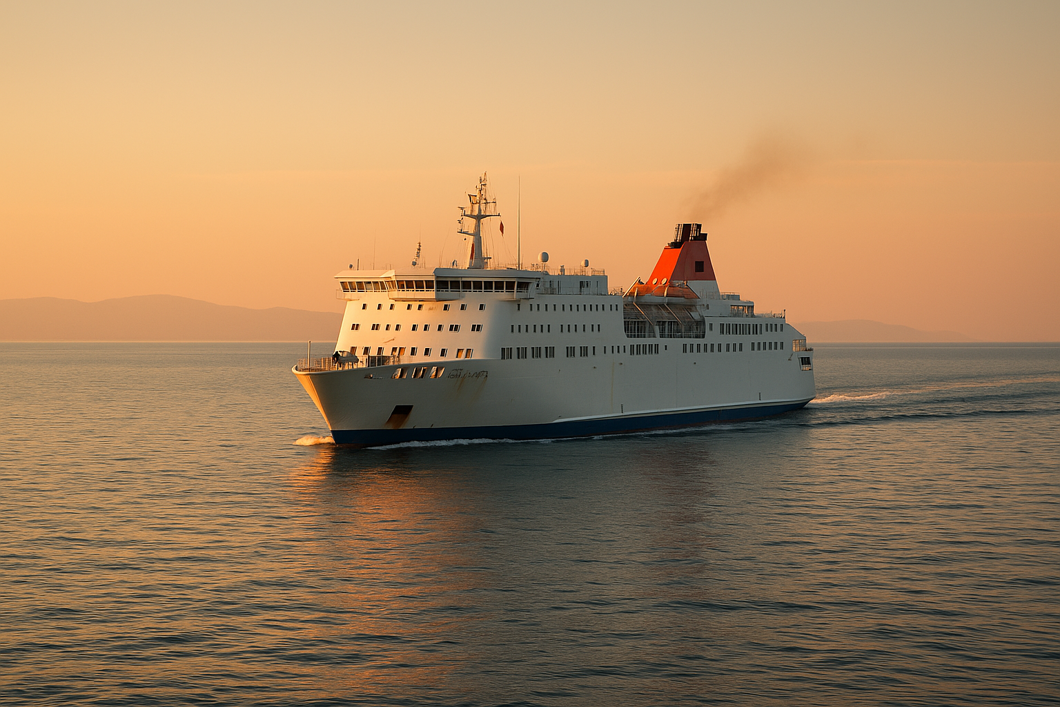 Weiße Fähre fährt über die Adria zwischen Bari und Patras bei ruhigem Meer und goldener Abendsonne.