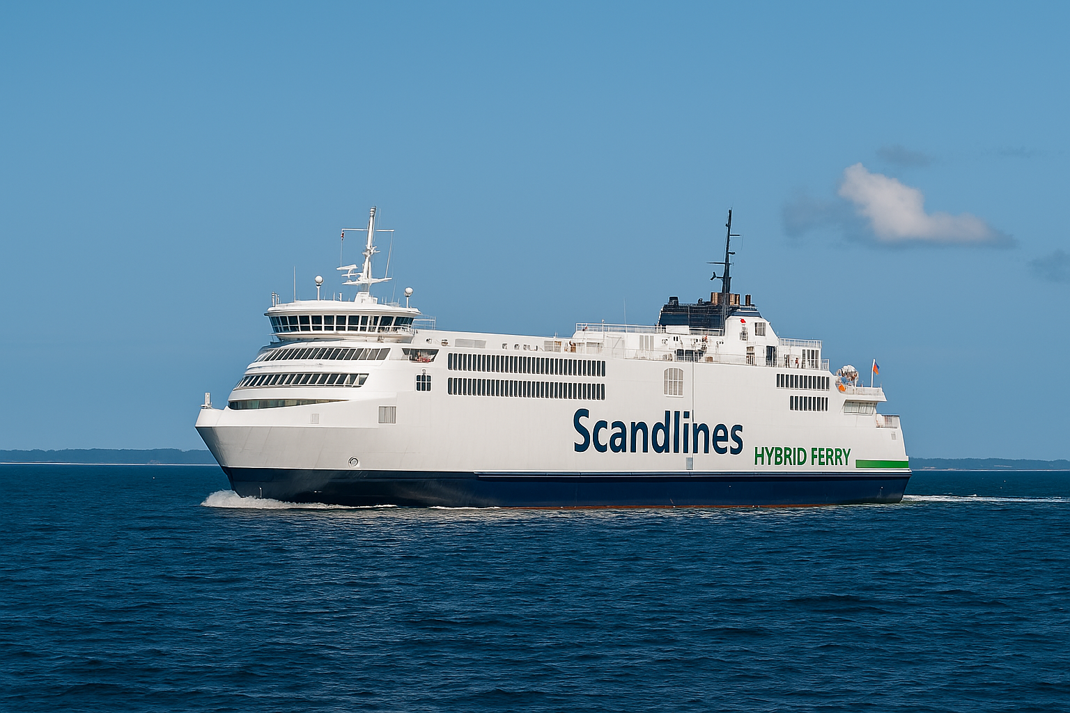 Eine Scandlines-Fähre überquert bei ruhigem Wetter die Ostsee auf der Route zwischen Puttgarden und Rødby