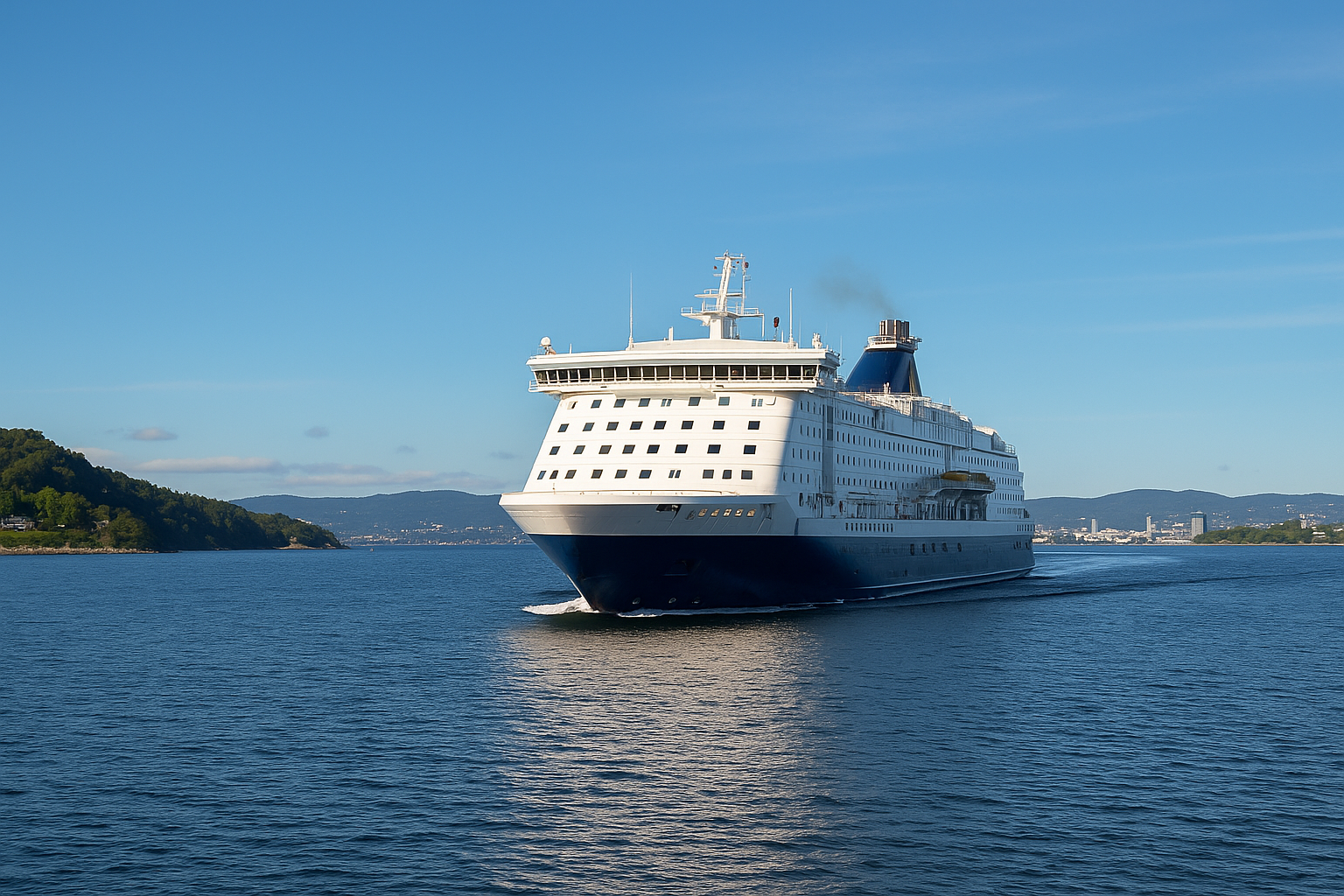 Große Passagierfähre fährt bei Sonnenuntergang von Kiel nach Oslo über die Ostsee