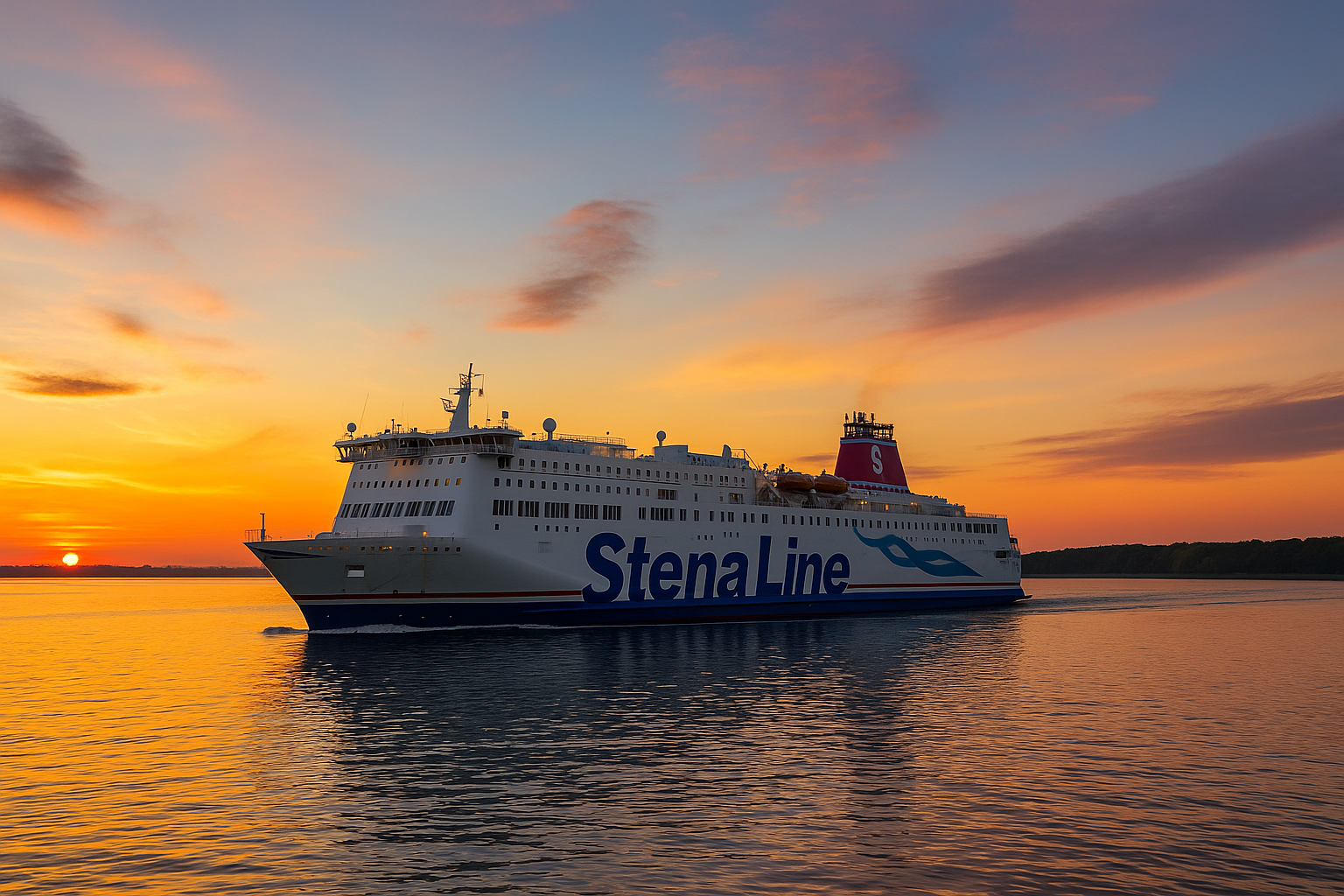 Stena Line Fähre verlässt bei Sonnenuntergang den Hafen von Kiel Richtung Göteborg