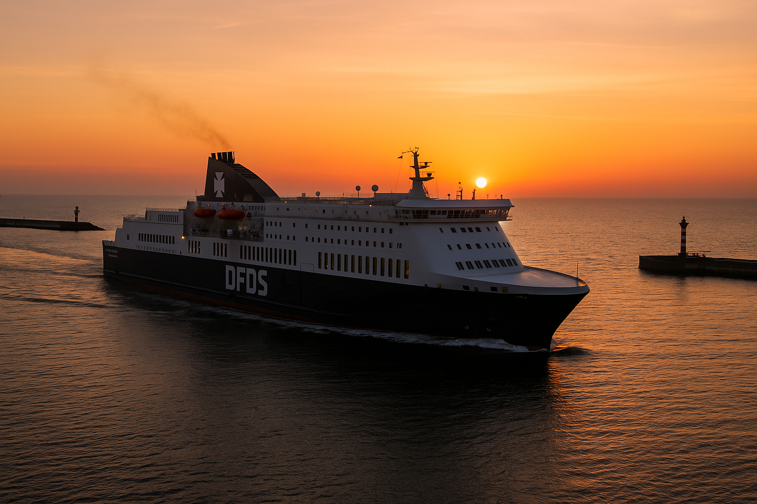 DFDS-Fähre verlässt bei Sonnenuntergang den Hafen von Travemünde in Richtung Malmö