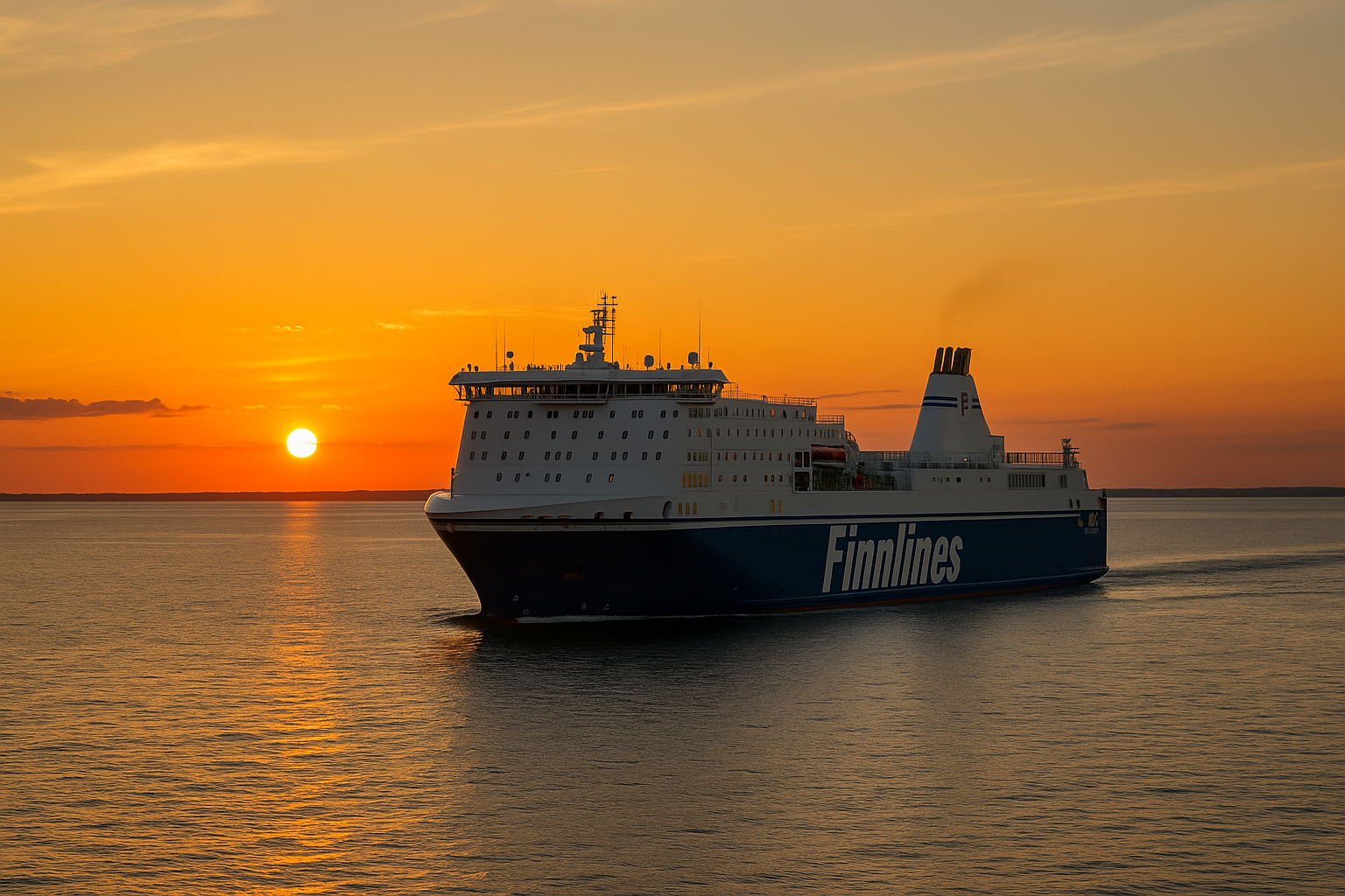 Große Finnlines-Fähre verlässt Travemünde Richtung Helsinki bei Sonnenuntergang