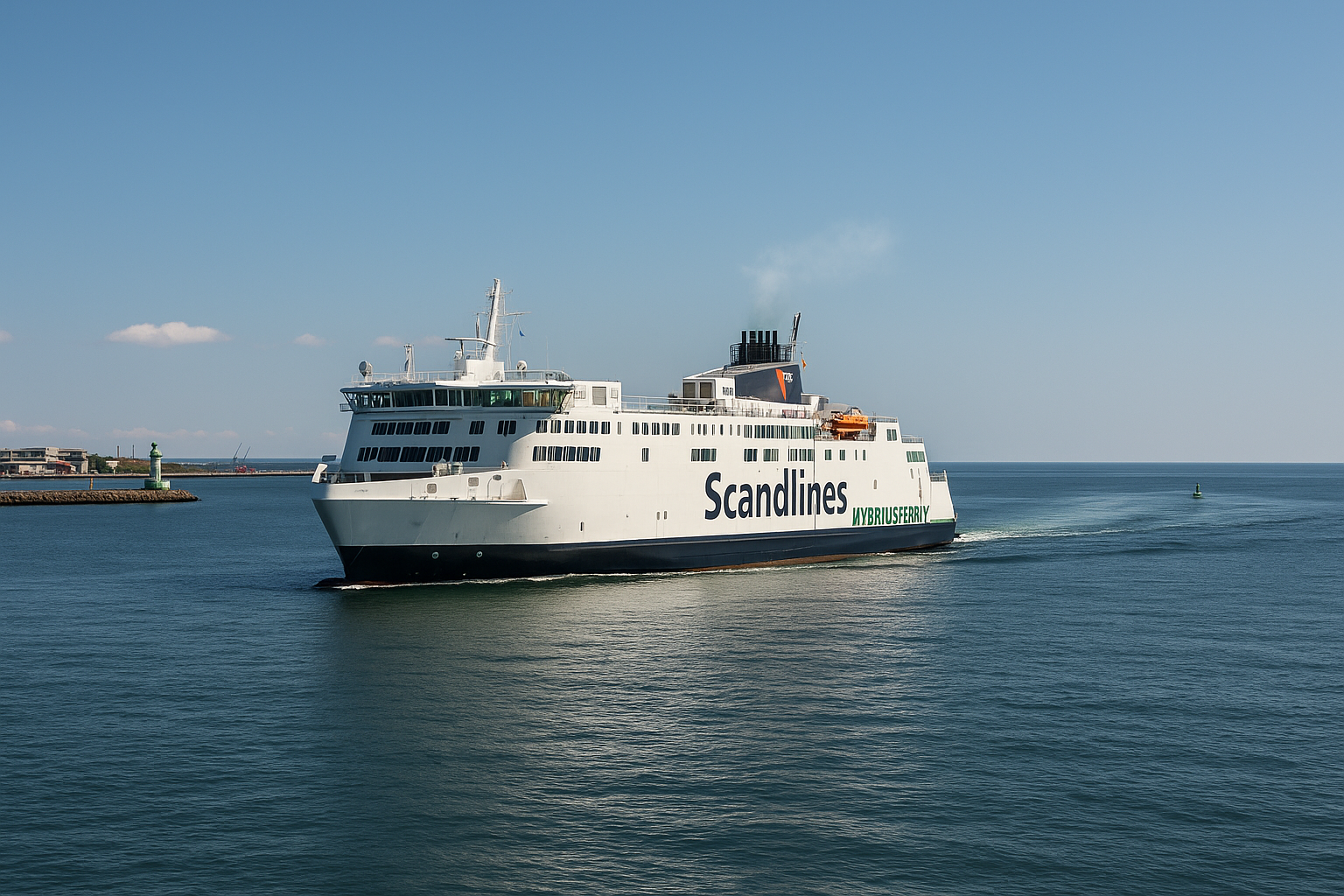 Große Scandlines-Fähre auf dem Weg von Rostock nach Gedser über die Ostsee bei klarem Wetter.