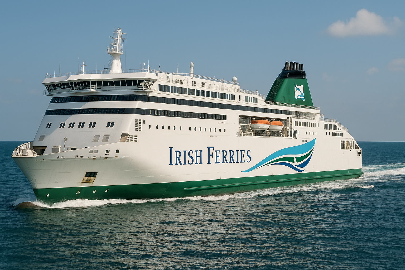 eine große fähre der irish ferries fährt bei sonnigem wetter über das offene meer, mit weiß-grünem rumpf und deutlich sichtbarem firmenlogo