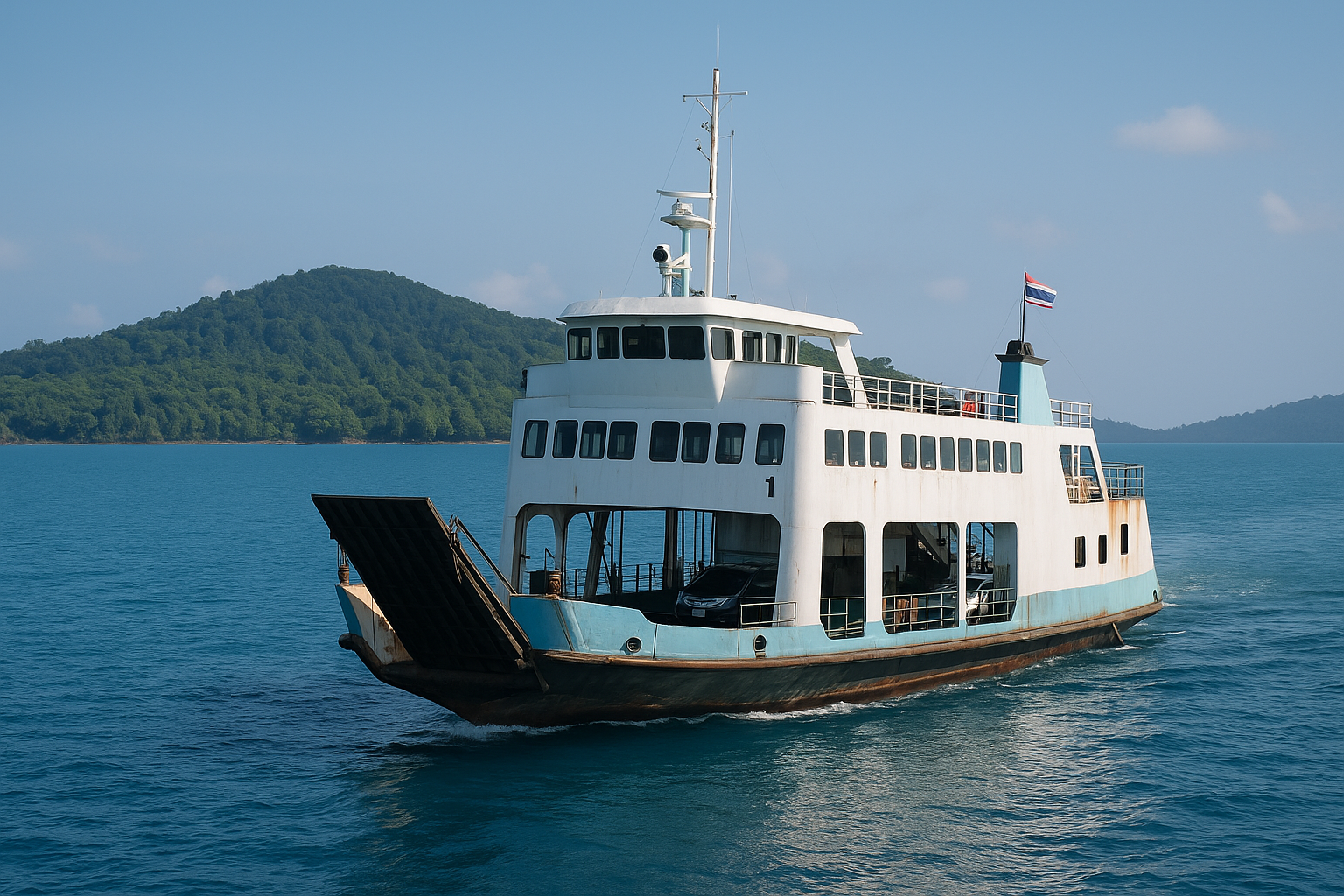 autofähre über das meer auf dem weg nach koh chang bei sonnigem wetter