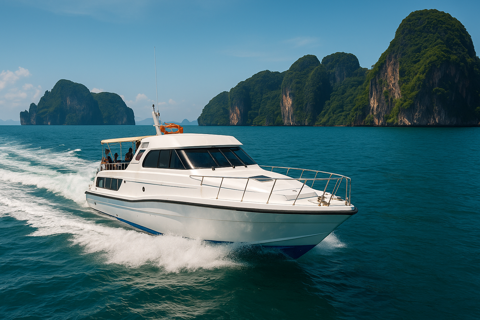 speedboot auf dem weg von ao nang nach koh phi phi bei sonnigem wetter auf türkisblauem meer