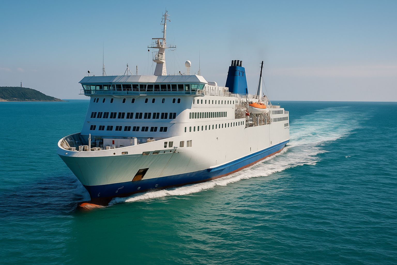fähre vor der küste italiens auf offenem meer bei sonnenschein