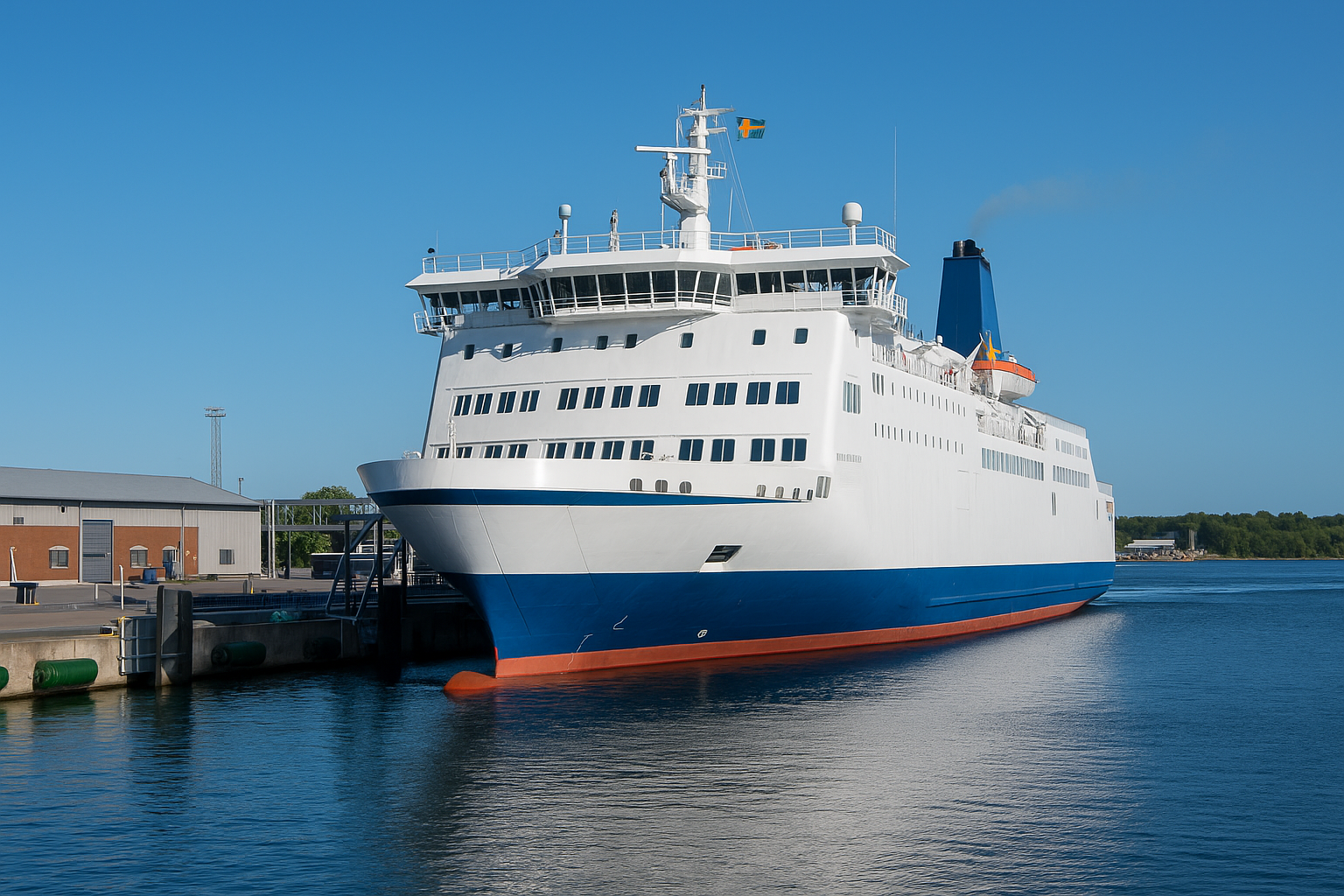 fähre im hafen von schweden bei blauem himmel