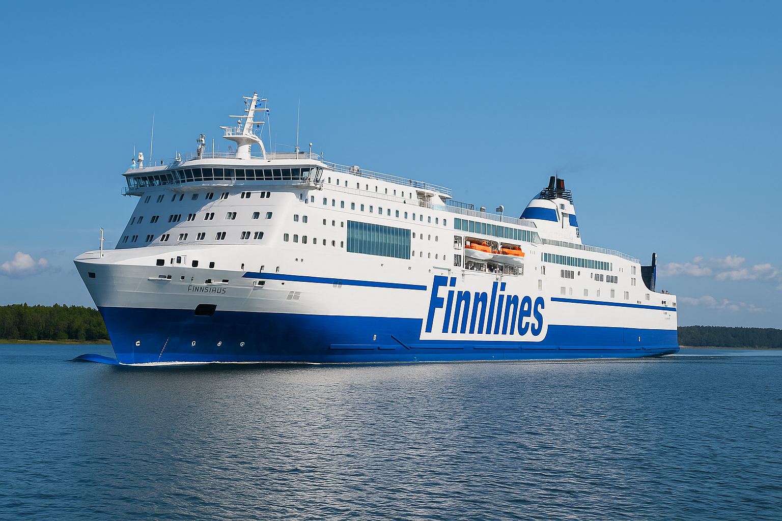 Finnlines-Fähre MS Finnsirius bei der Überfahrt von Kapellskär nach Naantali auf ruhiger Ostsee, bei klarem Himmel und grüner Küstenlinie