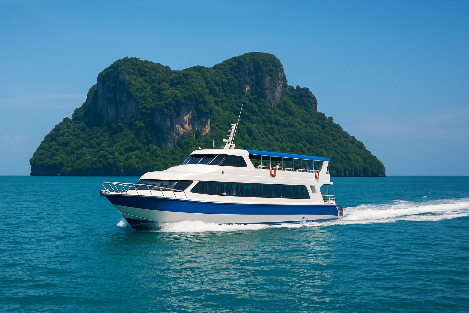 speedboot auf dem meer zwischen koh lanta und koh mook bei klarem himmel