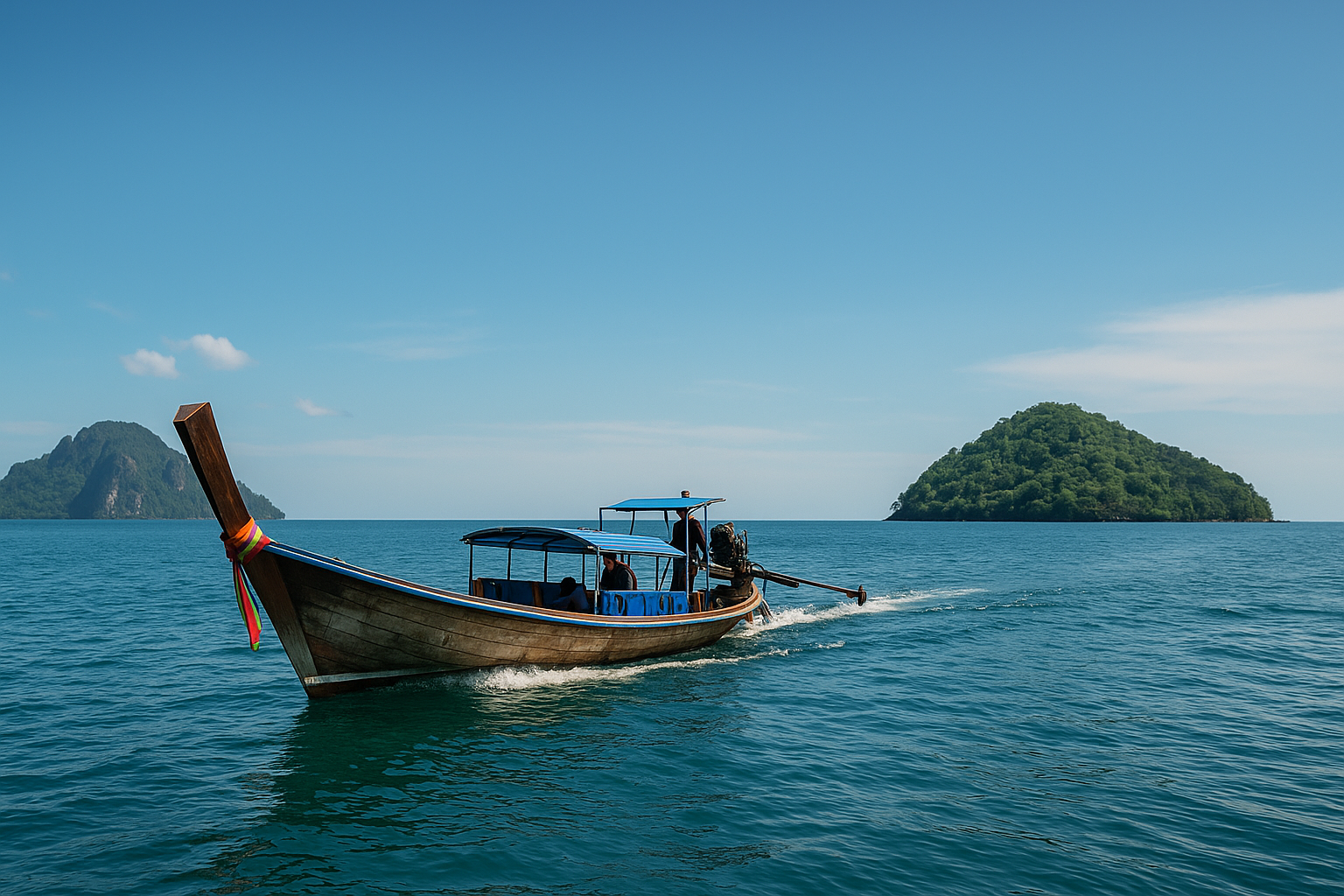 longtailboot auf ruhigem meer zwischen koh mook und koh ngai bei blauem himmel