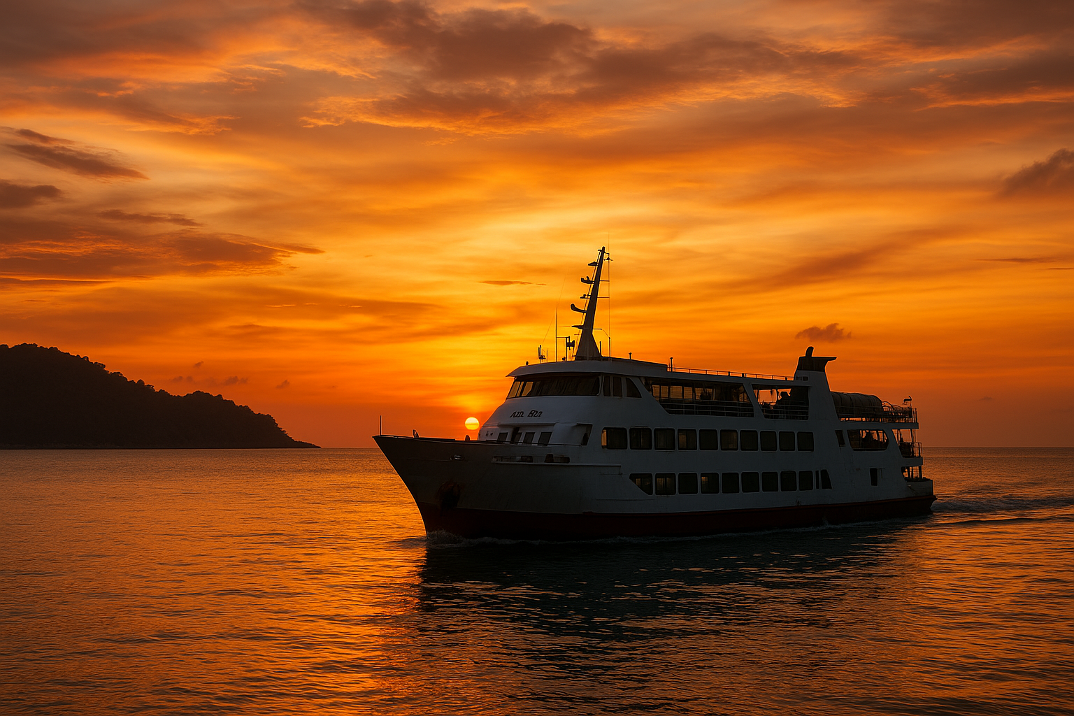 fähre über das meer zwischen koh samui und koh tao bei klarem himmel Möchtest du jetzt das passende Bild in 16:9 dazu generieren lassen?