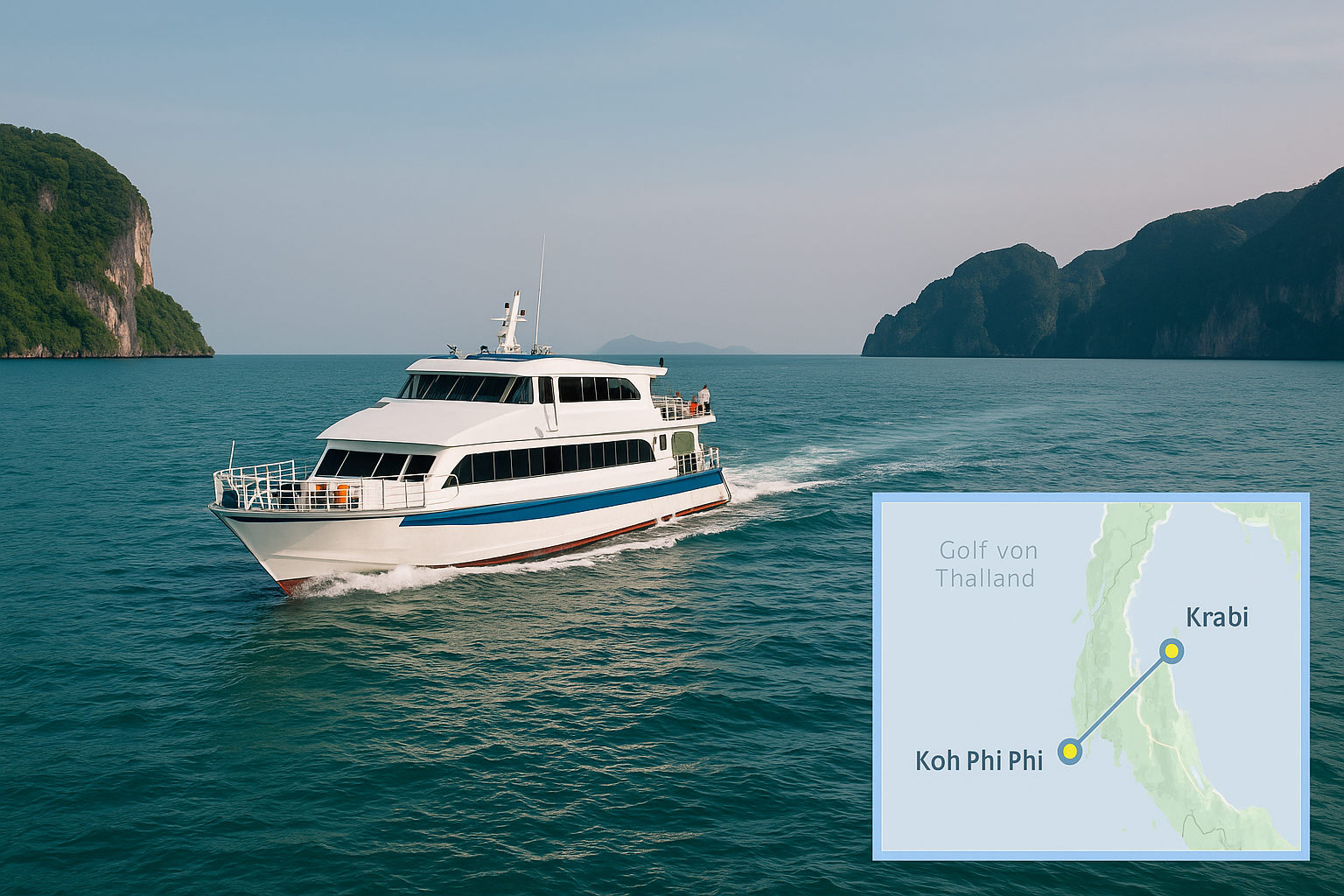 fähre auf dem weg von krabi nach koh phi phi über die andamanensee bei sonnigem wetter