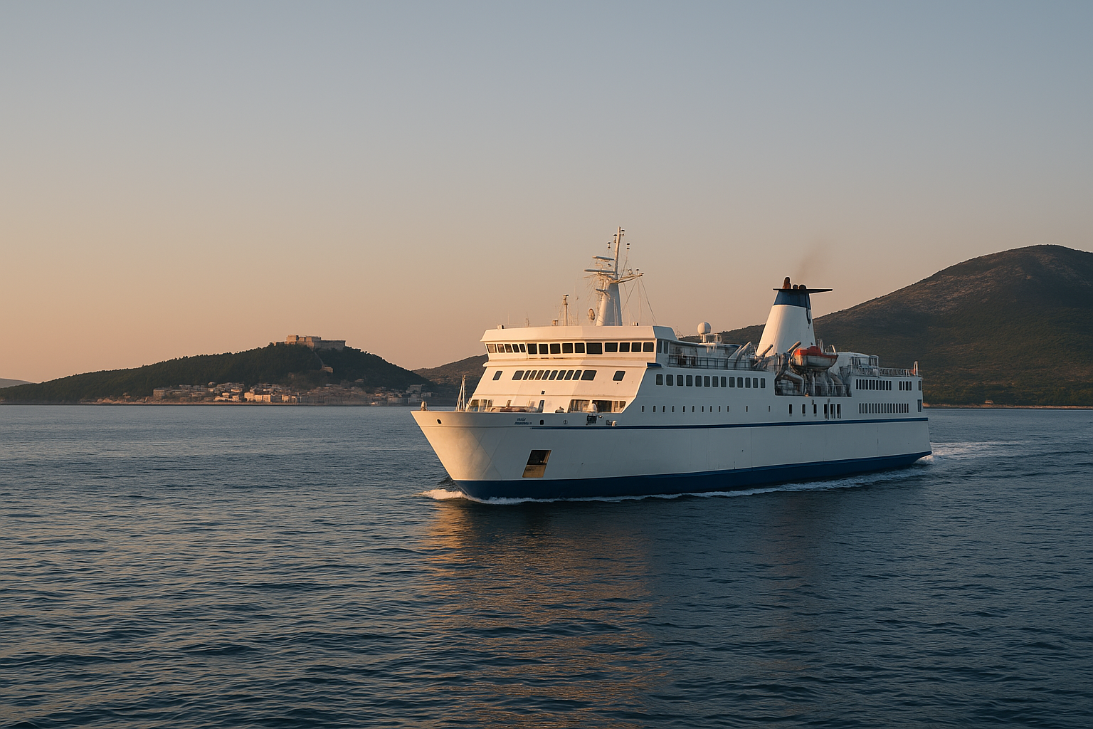 große weiße autofähre auf dem weg von split nach vis bei ruhiger see in der adria