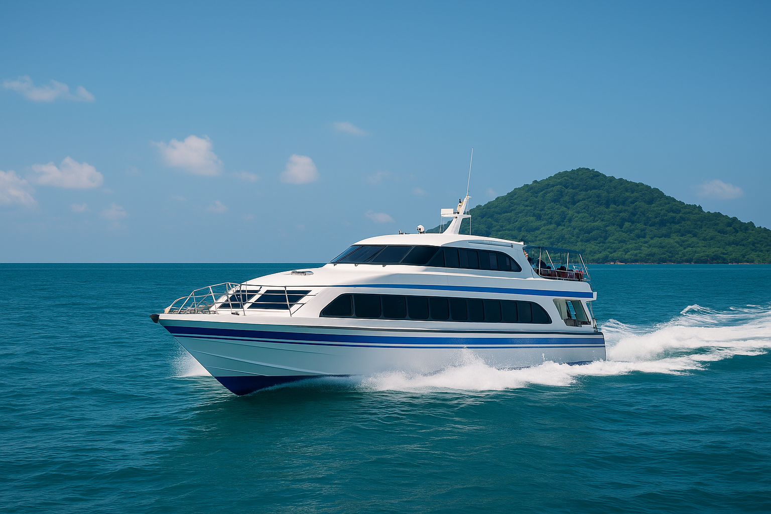 speedboot auf der überfahrt von trang nach koh kradan bei blauem himmel über türkisfarbenem meer