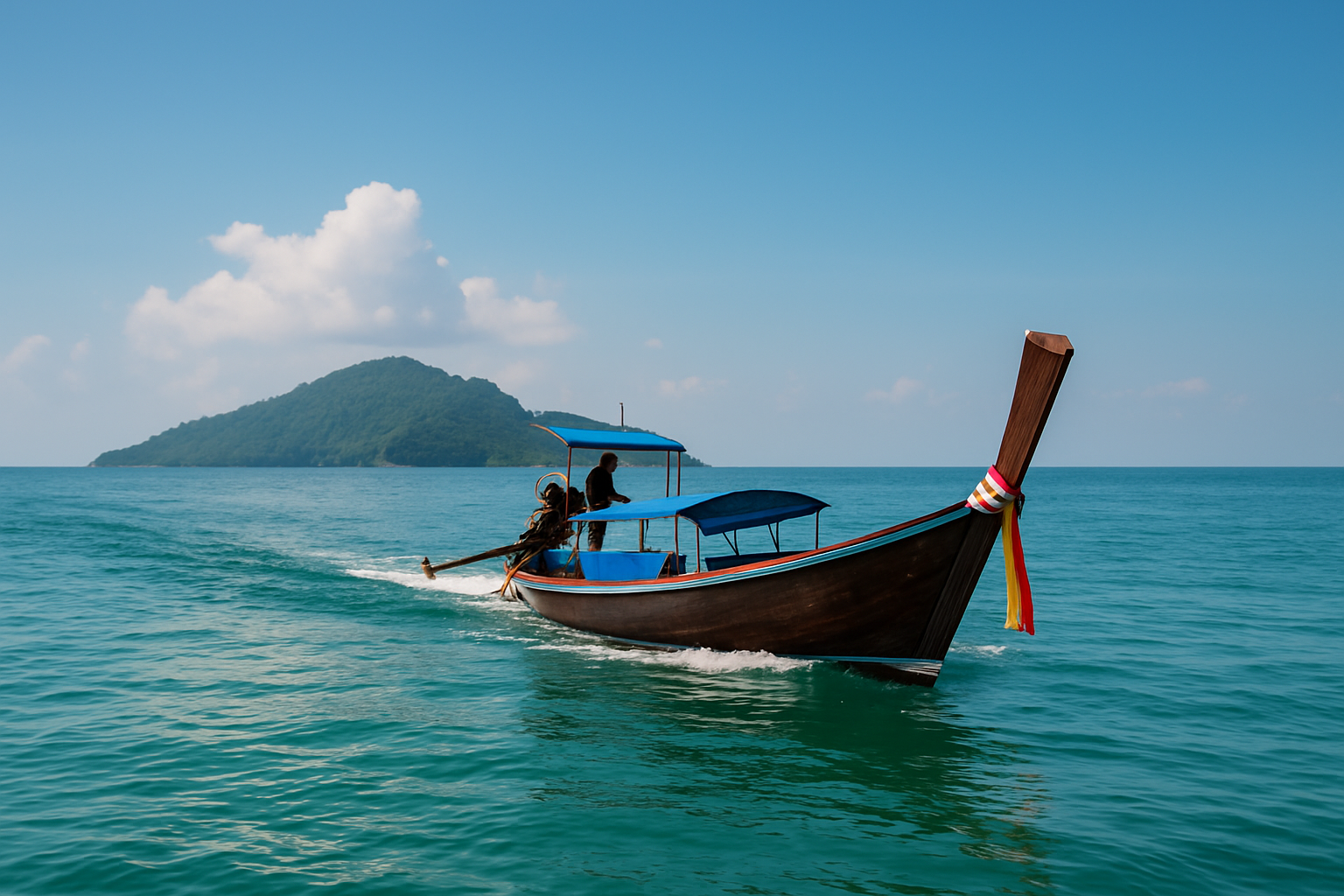 longtailboot fährt über ruhiges meer zwischen trang und koh mook bei sonnigem wetter