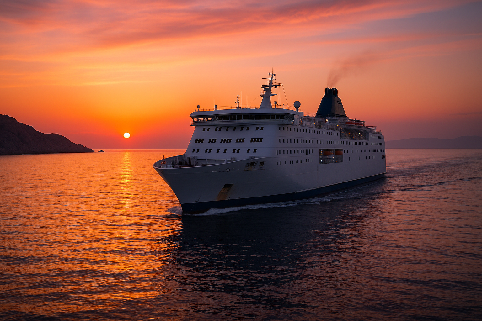 große weiße autofähre bei sonnenuntergang zwischen al hoceima und motril auf ruhiger see