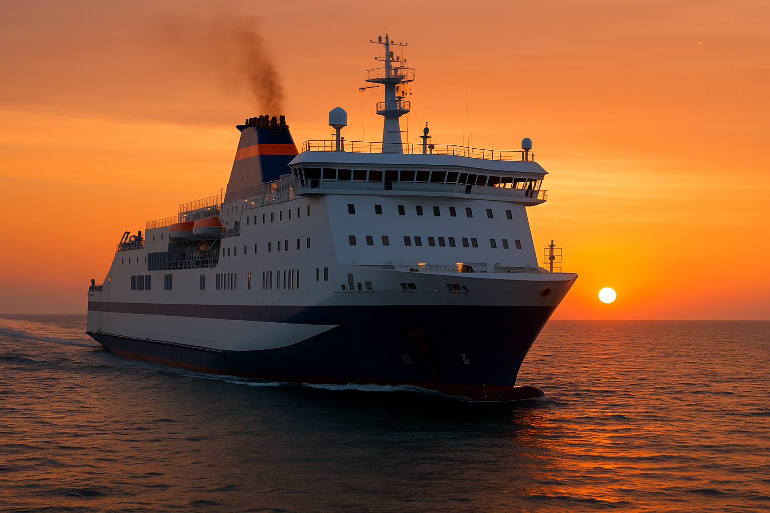 autofähre zwischen nador und motril im abendlicht bei sonnenuntergang auf ruhiger see