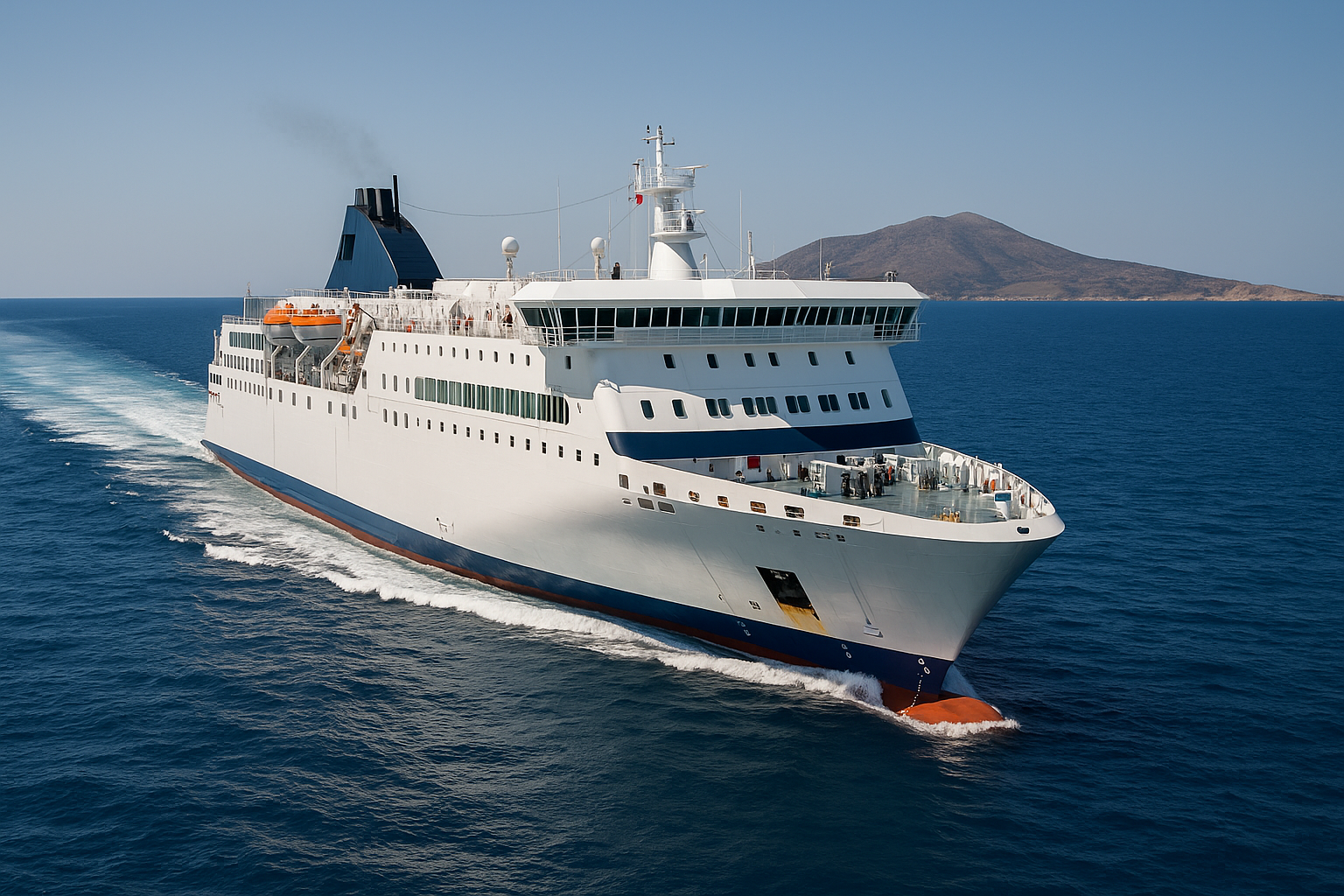 große autofähre auf der überfahrt von patras nach ancona bei sonnenschein auf offenem meer