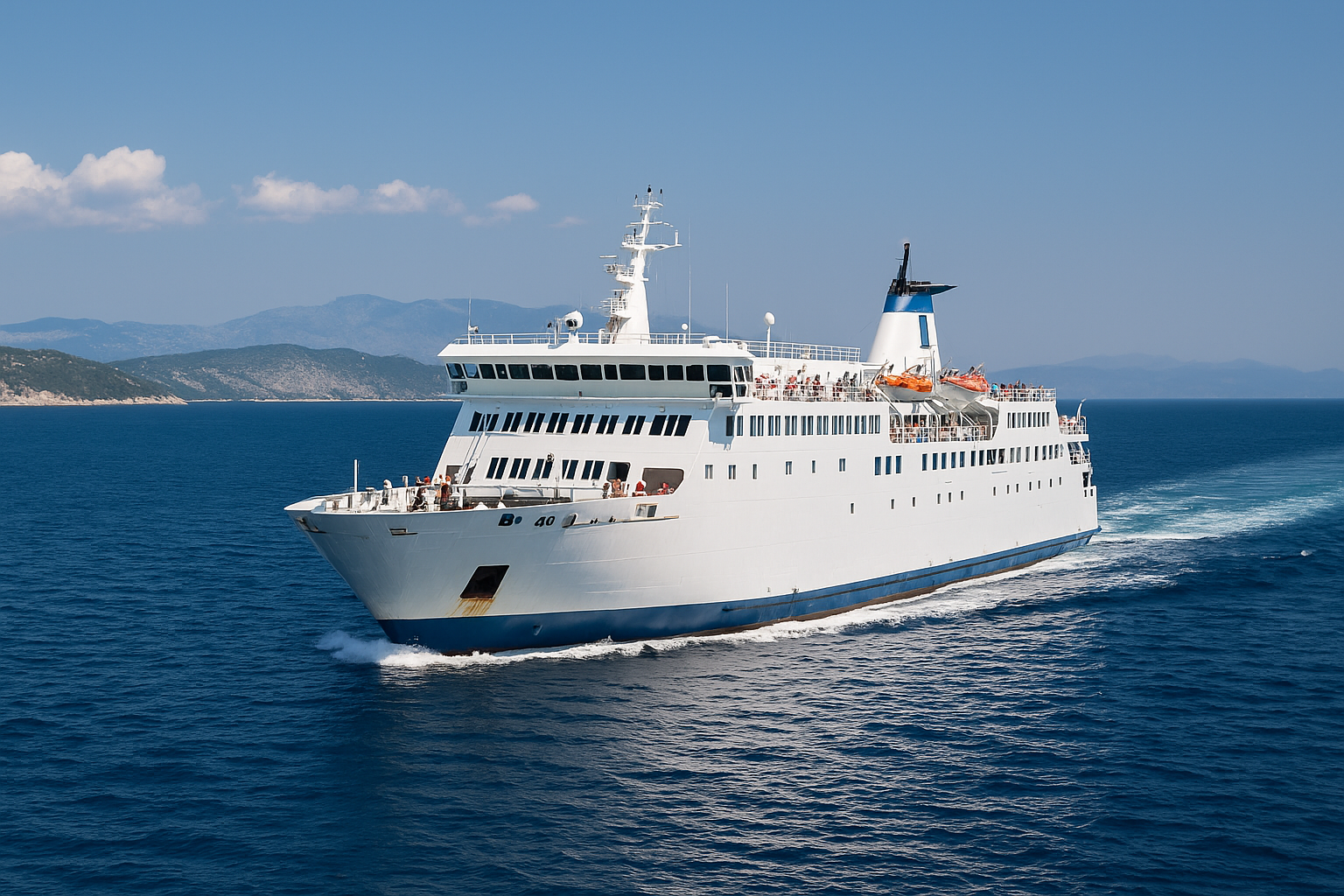 große autofähre zwischen rijeka und dubrovnik mit kabinen und passagieren an deck