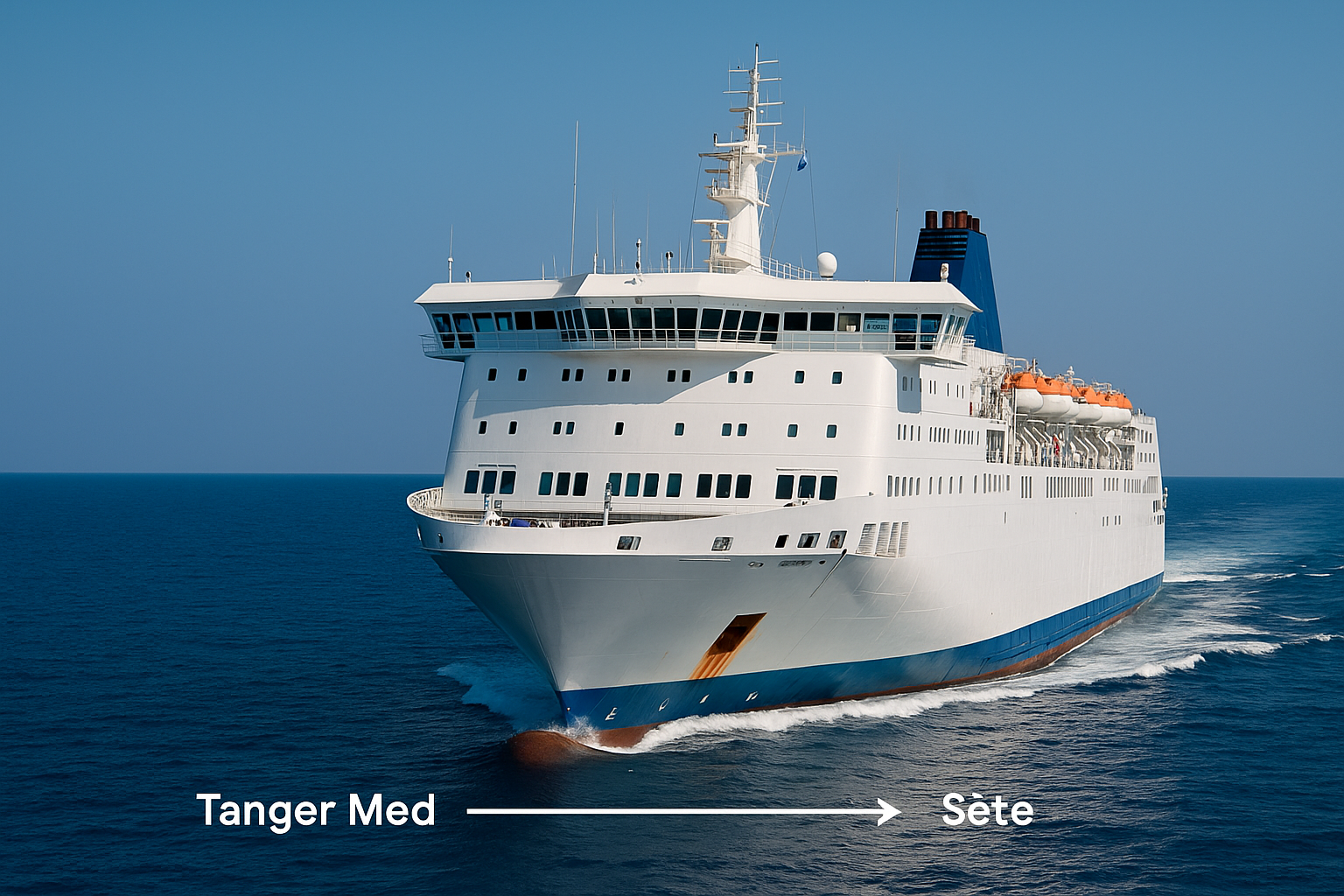 große autofähre bei klarer sicht zwischen tanger med und sète auf hoher see
