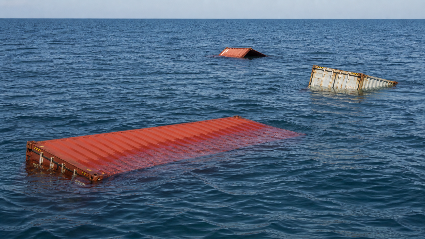Verlorene Container treiben im Meer auf ruhiger See ohne Schiff
